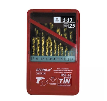 DEDRA WITS25 Sada 25 vrtáků do kovu HSS + kobalt + TiN, 135°